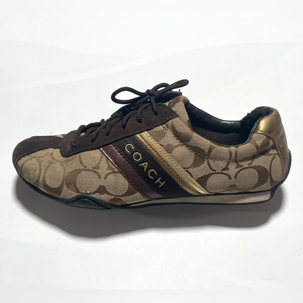 COACH Jayme Signature Sneaker Shoes 8.5 Logo Canvas Suede Brown Gold